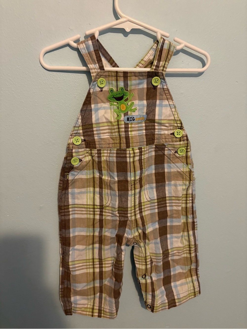 Carter's Plaid Frog Appliqué Overalls - Brown, Green & Blue